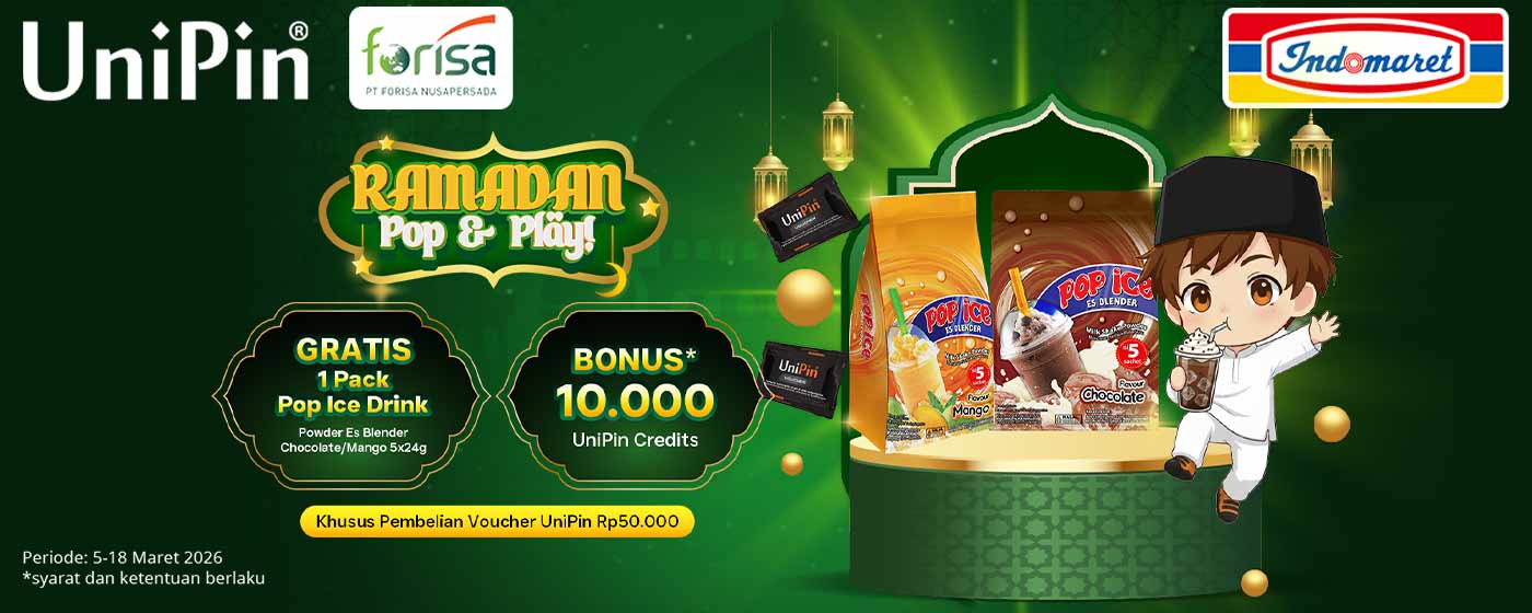 Ramadan Pop & Play! Tebus GRATISSS Pop Ice Coklat/Mangga dan dapatkan 10.000 UniPin Credits, belanja Voucher UniPin di Indomaret!